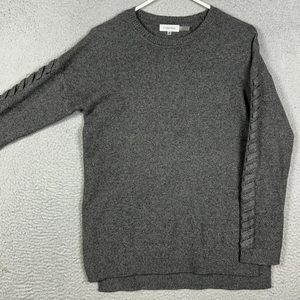 Calvin Klein Knit Sweater Womens XS Dark Grey Braided Sleeve Crew Neck Pullover